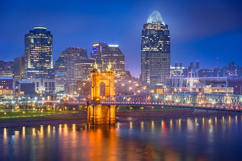 Cincinnati, Ohio, USA skyline on the river at night.