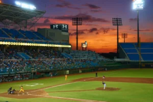 Baseball stadium at sunset