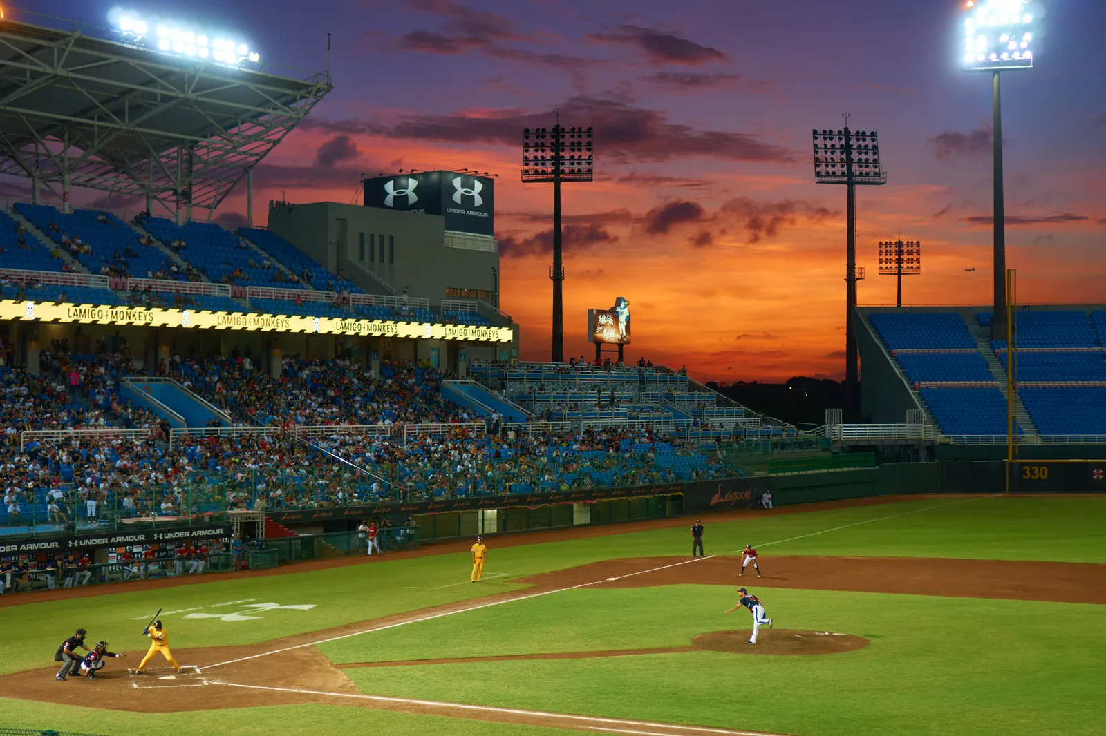 Baseball stadium at sunset